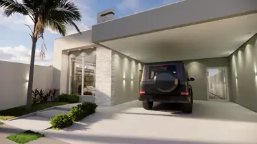 Render de projeto residencial com fachada em pedra e iluminação embutida