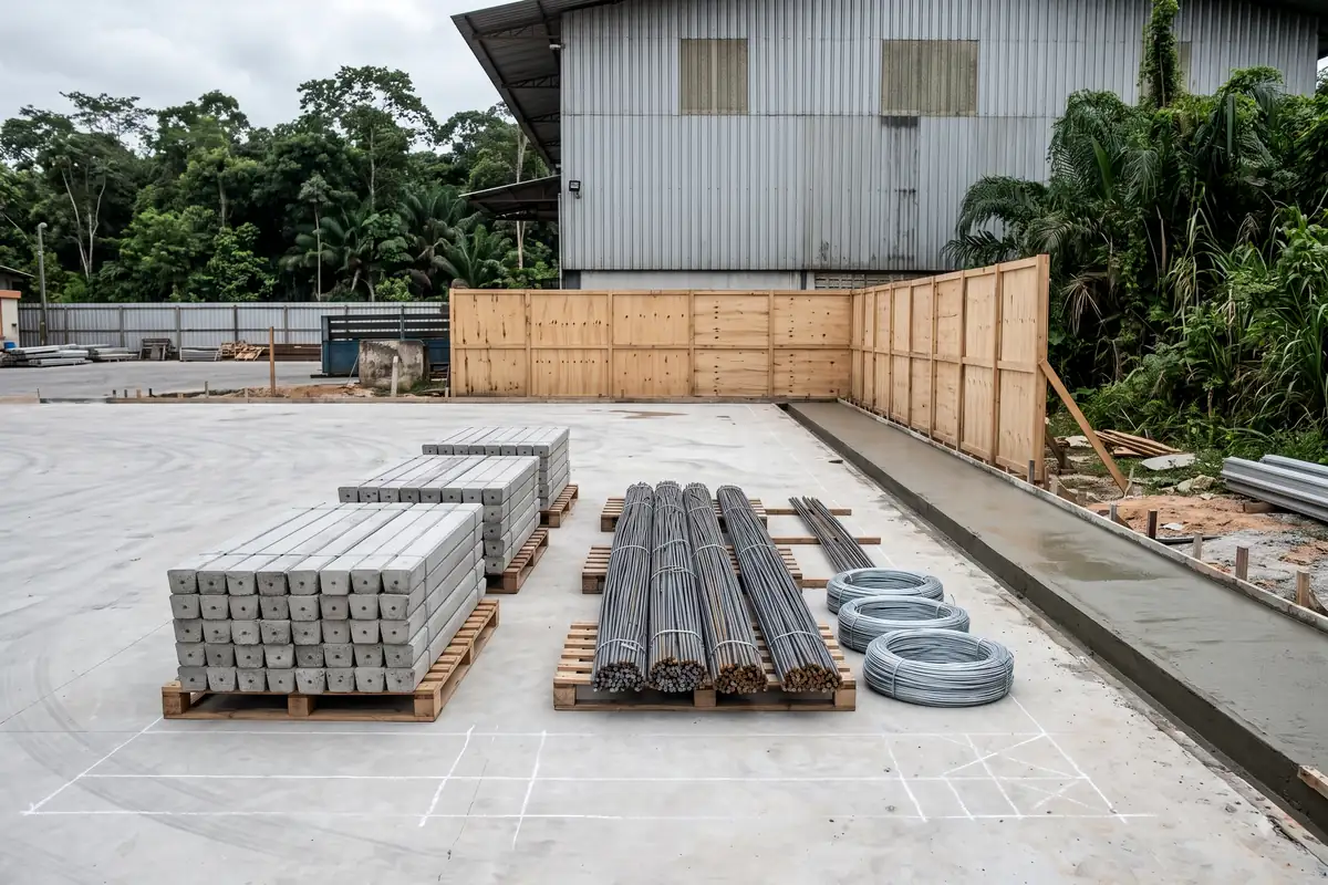 Canteiro organizado com mourões de concreto, feixes de aço e piso demarcado, em Manaus